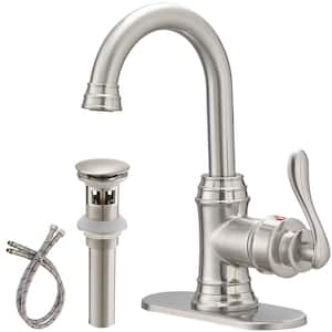 Single Hole Single-Handle High Arc Bathroom Faucet With Swivel Spout in Brushed Nickel