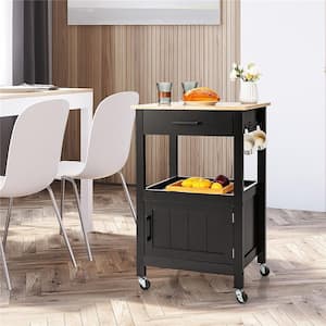 Black Rolling Kitchen Island Cart on Wheels Bar Serving Trolley with Drawer Cabinet