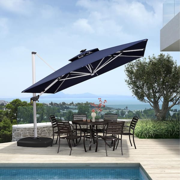 PURPLE LEAF 11 ft. Square Aluminum Solar Powered LED Patio Cantilever Offset Umbrella with Wheels Base, Navy Blue