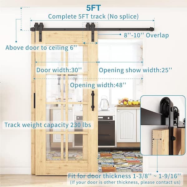 5 ft./60 in. Single Track Bypass Barn Door Hardware Double Doors Kit Heavy Duty Sliding 1 Track Antique Roller