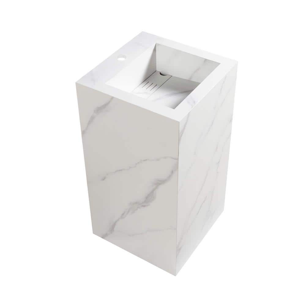 White Carrara Stone Square Pedestal Bathroom Sink