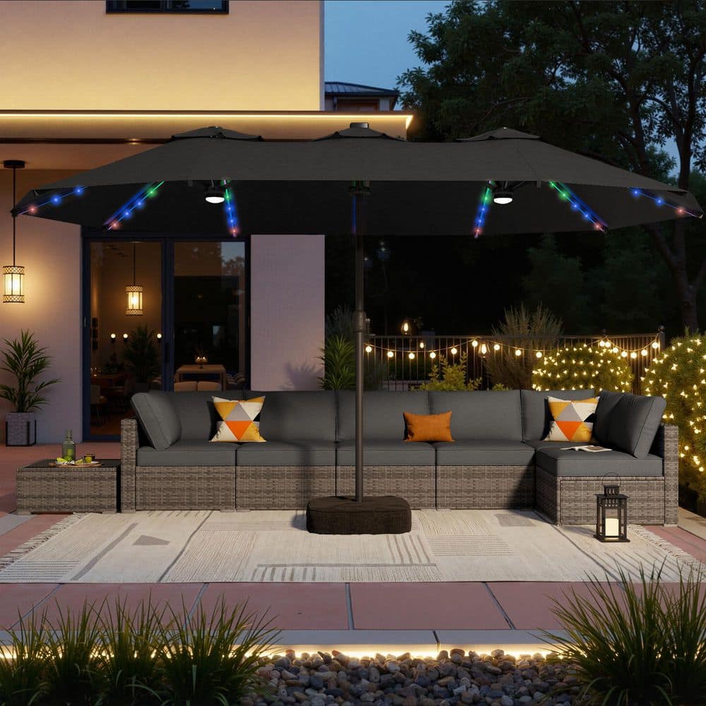 Hopish Gray 8-Piece Wicker Patio Conversation Set with Black Cushions and Patio Umbrella in Dark Gray price history on PriceWatchPro
