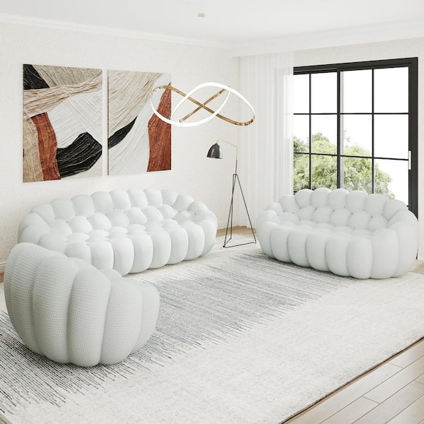 (Set of 3) Bubble Curved Sofa, 98 in. Mesh Fabric Modern 3-Seater Sectional Sofa Set with Chair and Loveseat in Gray