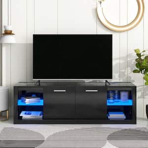 61 in. Black TV Stand Entertainment Center Fits TVs up to 70 in. with Tempered Glass Shelves and 16-Color LED Lights
