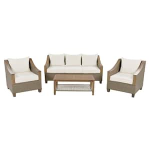 Brown 4-Piece Metal Outdoor Patio Conversation Set with Wooden Coffee Table and Beige Cushions