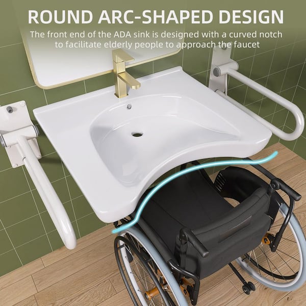 25.5 in. L x 21.8 W x 5.3 D U-shaped ADA Wall-Hung Bathroom Sink Wheelchair Accessible Ceramic Basin with Overflow White