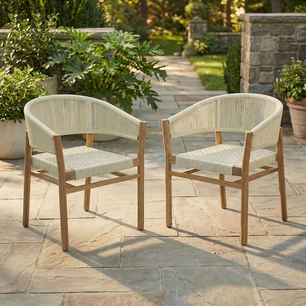 Beige Wood Outdoor Lounge Chair with Rope-Woven Backrest, Seat