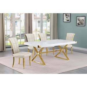 Miguel 5-Piece Rectangle White Wood Top Gold Stainless Steel Dining Set with 4 Cream Velvet Chairs
