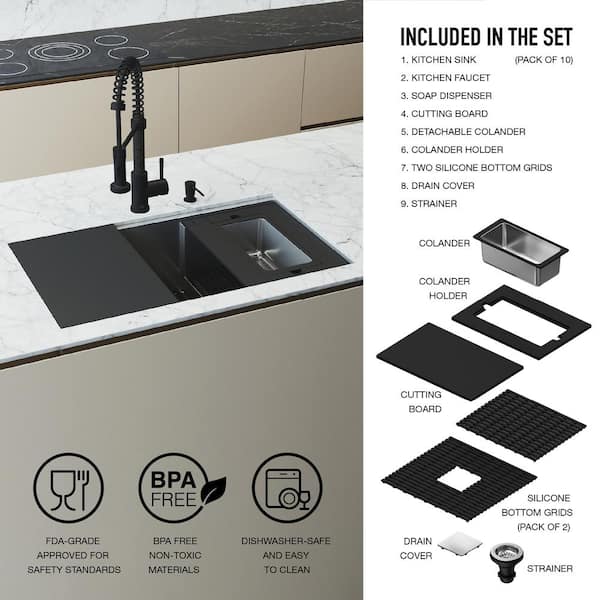 Kitchen Sink Black Stainless Steel Sink Washing, Draining and Cutting  3-in-1 Utility Sink Multi-functional Farmhouse sink with Kitchen Sink