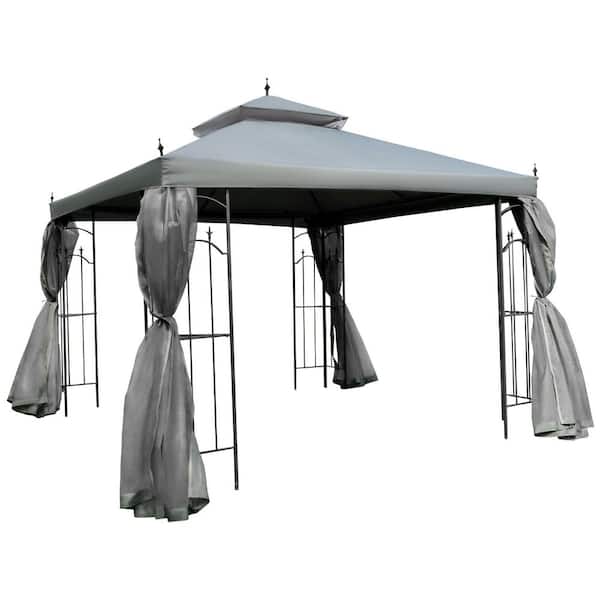 10 ft. x 10 ft. Gray Double Roof Gazebo Shelter with Corner Frame Shelves and Netting for Wedding, Catering & Events