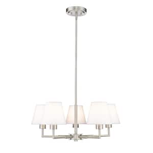 Leila 5-Light Brushed Nickel Chandelier with White Linen Fabric Shades