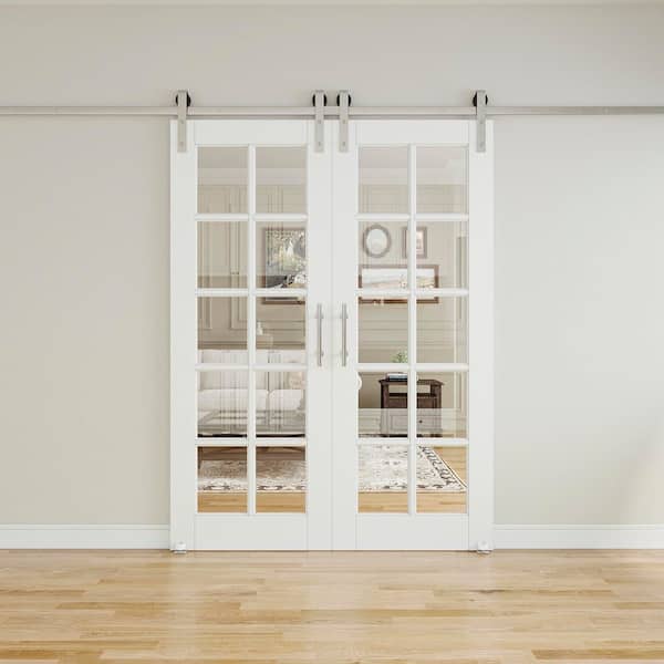 60 in. x 80 in. 10-Lite Clear Glass White Primed Glass Sliding Barn Door with Hardware Kit Nickel Plated