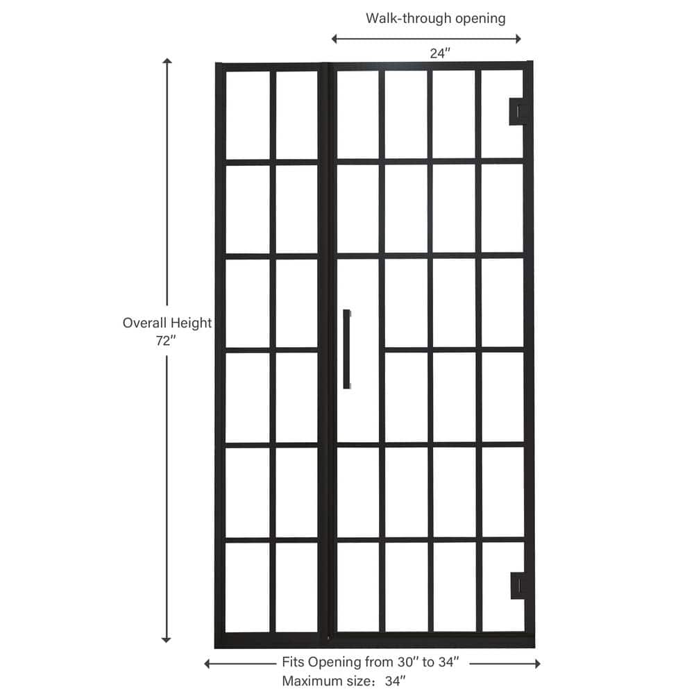 34" Matte Black Semi-Frameless Pivot Shower Door with Patterned Glass
