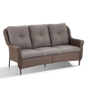 Floral Brown Wicker 3-Seat Patio Sofa Outdoor Couch with Thick CushionGuard Gray Cushions