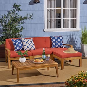 5-Piece Natural Acacia Wood Patio Outdoor Sectional Sofa Set with Red Cushions and 1 Wood Table