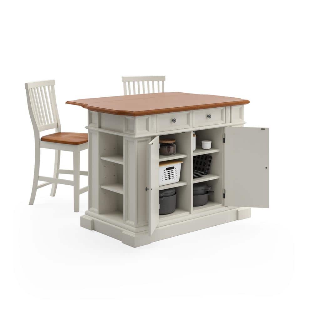 Americana Off-White Distressed Oak Kitchen Island Set with Stools