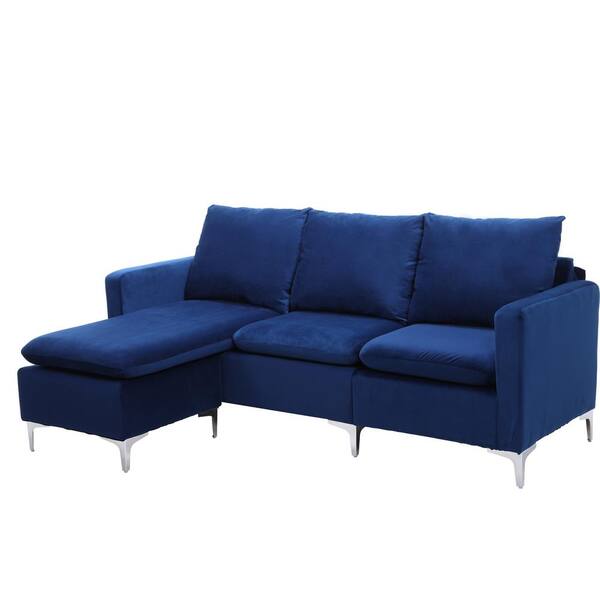 sumyeg 77 in. Blue Velvet Upholstered 3-Seats Sofa Sectional with Removable Cushions