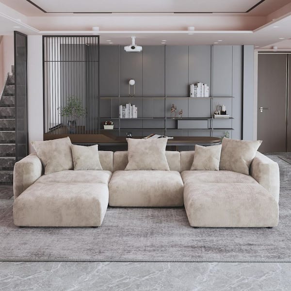 Magic Home Modern 142 in. Square Arm Corduroy Modular Oversized Floor Sectional Sofa Couch with Ottoman, Removable Covers in Beige