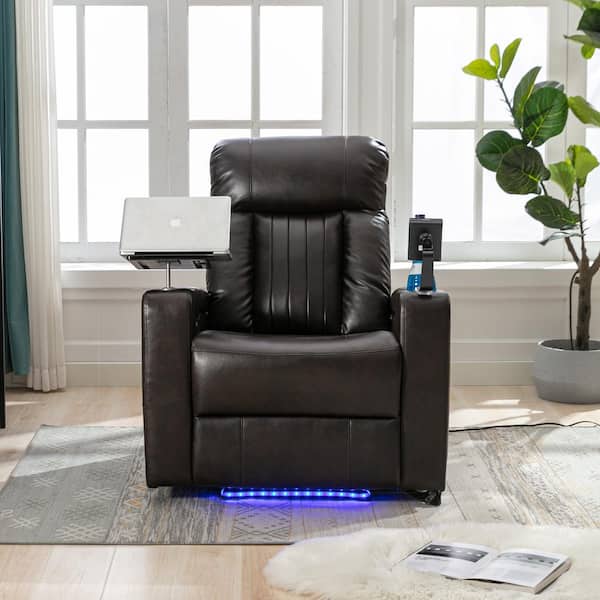 Home Theater Power Recliner in Brown with Storage Arms, Cupholders, Swivel Tray Table and Cell Phone Stand