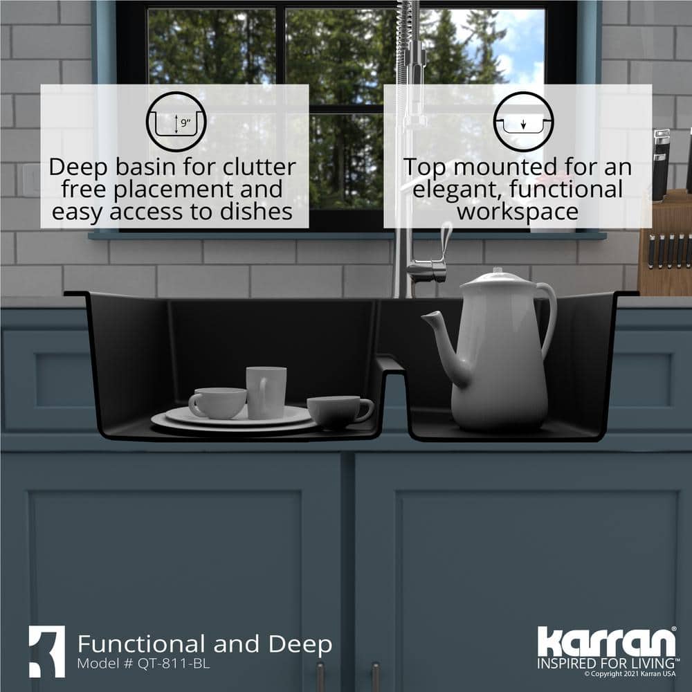 Black Quartz 33'' Double Bowl Top Mount Kitchen Sink