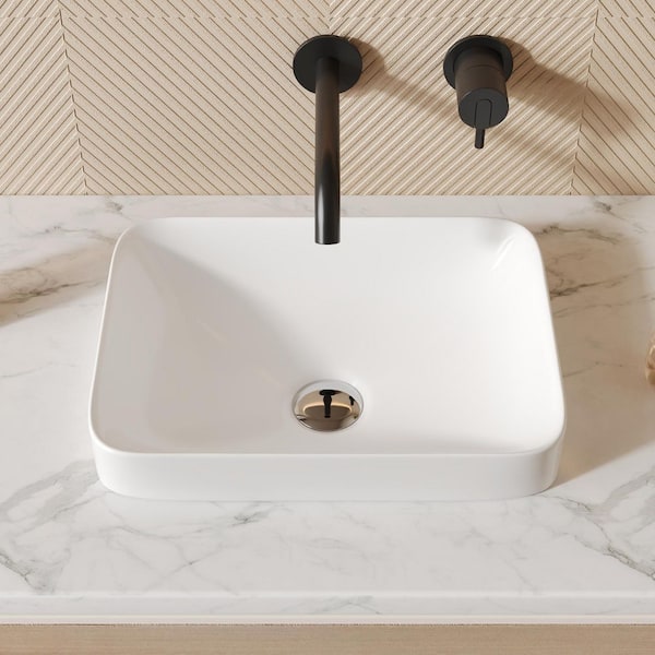 DEERVALLEY 16 in. L x 12 in. W Rectangular Bathroom Ceramic Semi-Recessed Vessel Sink White Art Basin