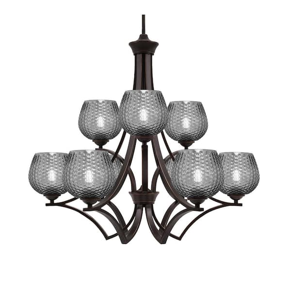 Cleveland 30.75 in. 9- Light Dark Granite Chandelier Light with 6 in. Smoke Textured Glass No Bulbs Included