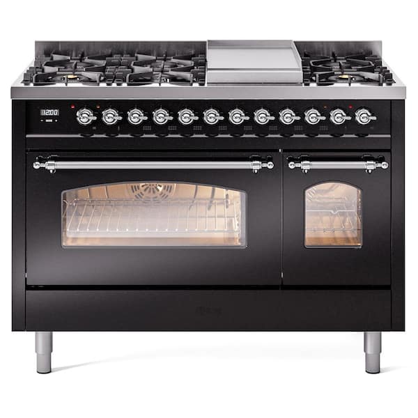 ILVE Nostalgie II 48 in. 8-Burner Plus Griddle Double Oven Natural Gas Dual Fuel Range in Glossy Black with Chrome Trim