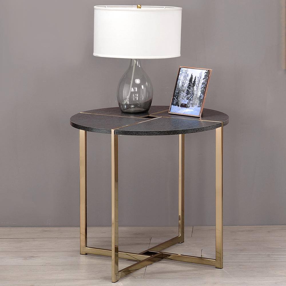 Bromia 24" Round Black Wood and Champagne Metal End Table