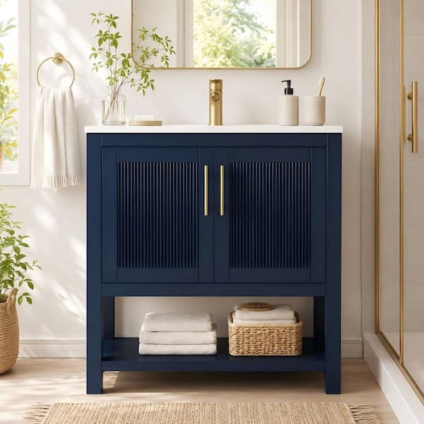 Blake 31 in. Single Sink Navy Blue Bath Vanity with White Engineered Solid Surface Top and Fluted Doors (Unassembled)