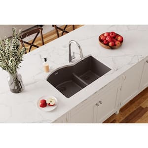 Quartz Classic 33 in. Undermount Offset 60/40 Double Bowl Mocha Granite/Quartz Composite Kitchen Sink Only