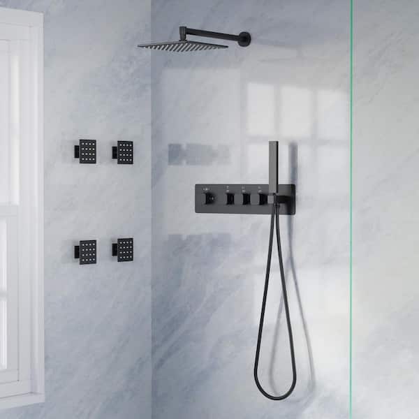 Dual Shower Heads Thermostatic Shower Faucet System 2.5 GPM with 4-Jets in Matte Black (Valve Included)