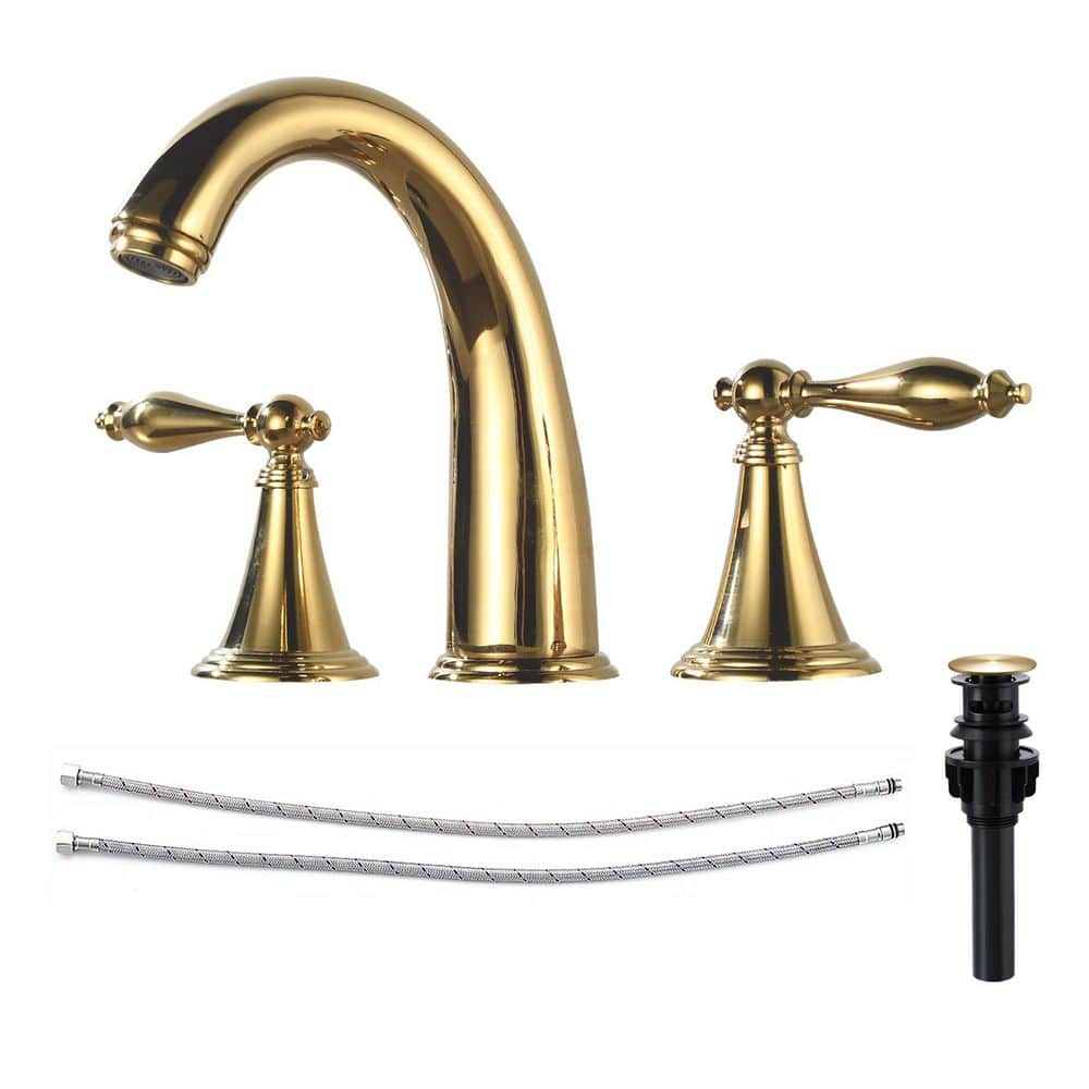2 Handles 8 in. Widespread Bathroom Faucet 3-Hole Bathroom Sink Faucet With Pop-up Drain in Polished Gold price history on PriceWatchPro