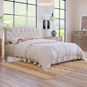 Beige Wood Frame Queen Size Linen Upholstered Platform Bed with Saddle Curved Diamond-Tufted Headboard