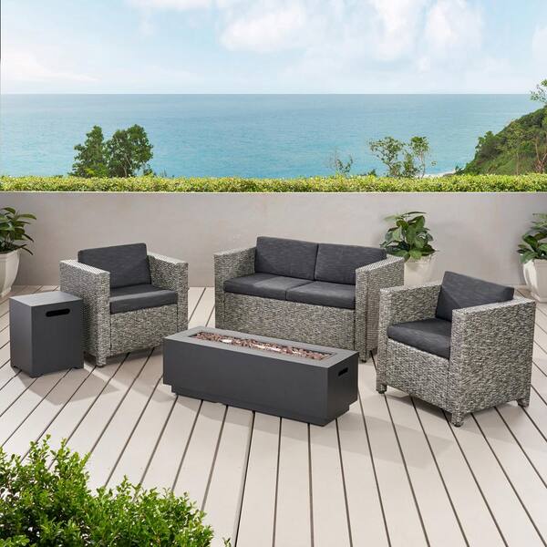Noble House Glenbar Mixed Black 5Piece Faux Rattan Patio Fire Pit