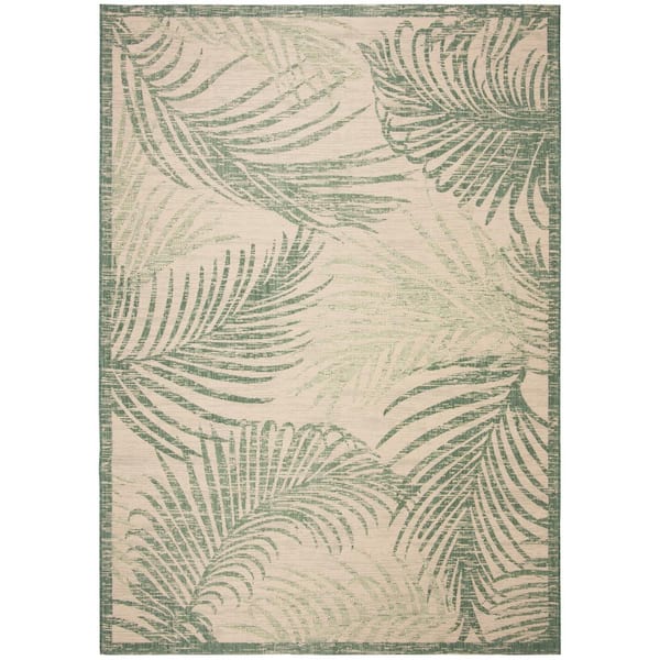Courtyard Beige/Green 10 ft. x 14 ft. Border Palm Leaf Indoor/Outdoor Area Rug
