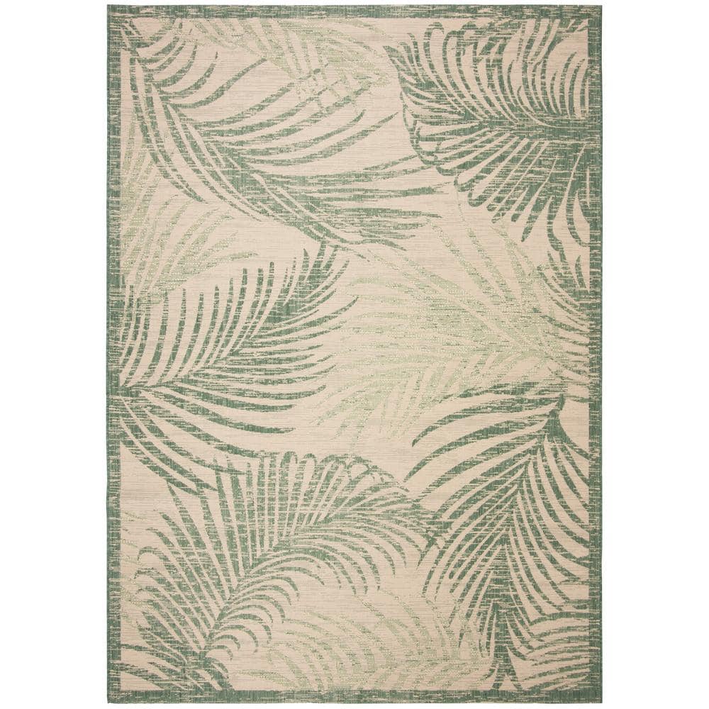 Beige and Green Botanical 9' x 12' Reversible Indoor/Outdoor Rug