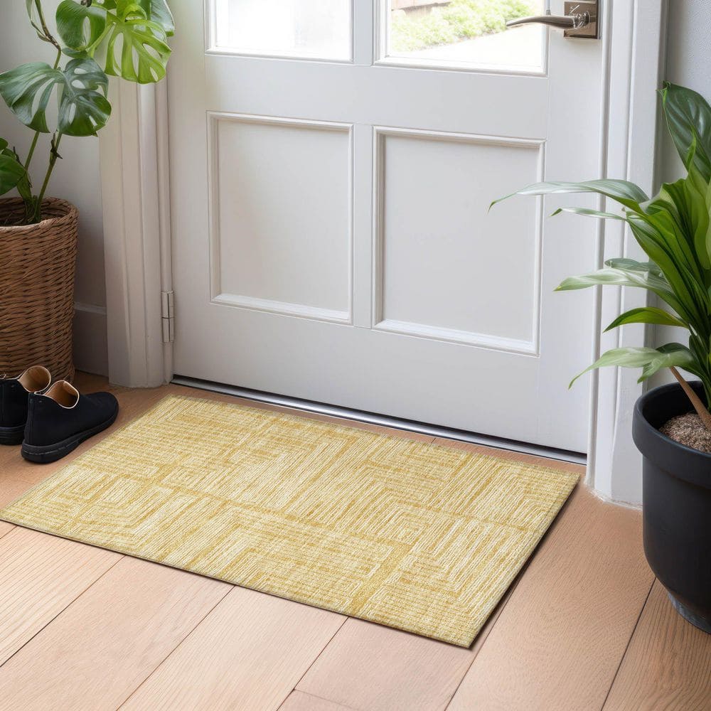 Gold Geometric Flat Woven Washable Rectangular Rug