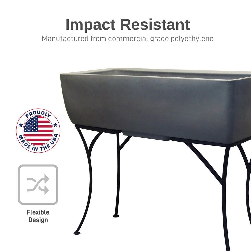 Graphite Polyethylene Rectangular Planter with Wrought Iron Stand