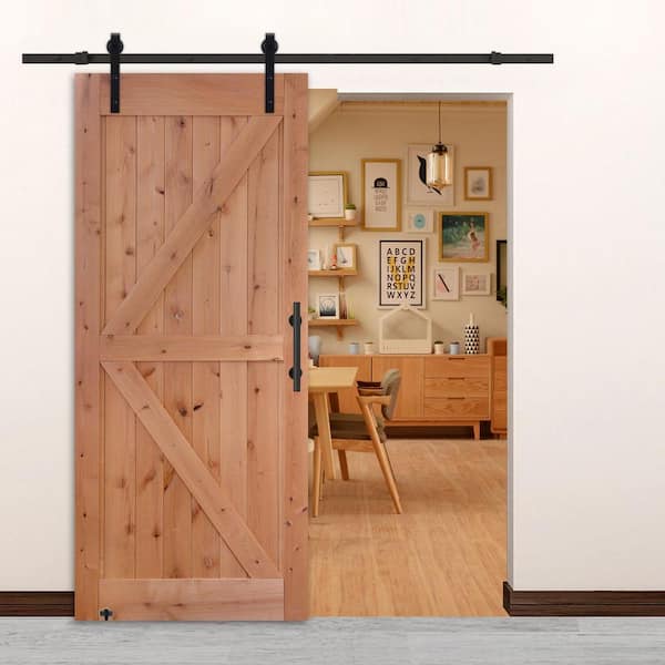 36 in. x 84 in. Assembled British Brace Unfinished Hardwood Interior Sliding Barn Door Slab with Hardware Kit