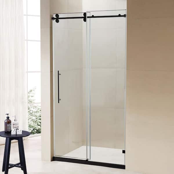 48 in. W x 76 in. H Fixed and Sliding Frameless Shower Door in Black Finish with Tempered Glass
