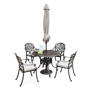 Capri Taupe Tan 48 in. 7-Piece Cast Aluminum Round Outdoor Dining Set with Natural Tan Cushions and Umbrella