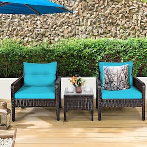 Brown 3-Pieces Wicker Patio Conversation Set with Turquoise Cushions