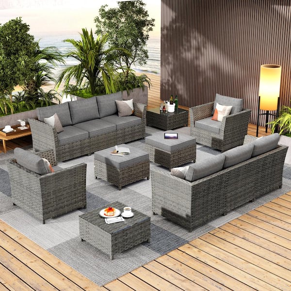 Cascade Gray 12-Piece Wicker Outdoor Sectional Set with Dark Gray Cushions