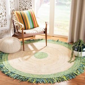 Cape Cod Green/Natural 4 ft. x 4 ft. Braided Fringe Border Round Area Rug