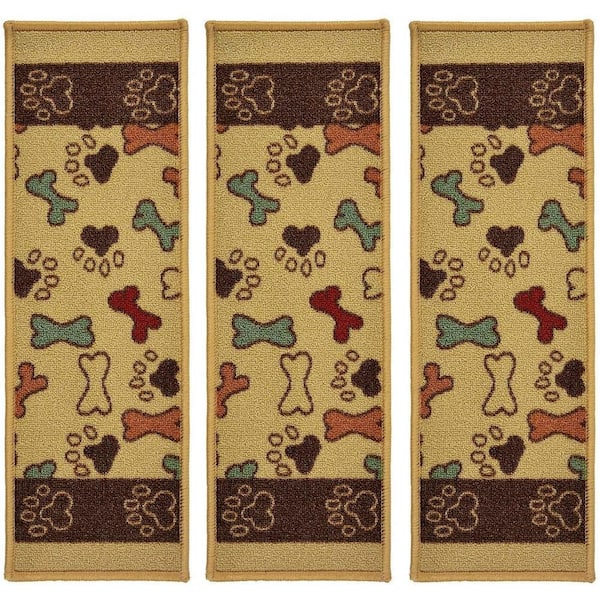 Indoor Pet Paw and Bone Design Beige Multi 8-1/2 in. x 26 in. Slip Resistant Backing Stair Tread Cover (Set of 3)