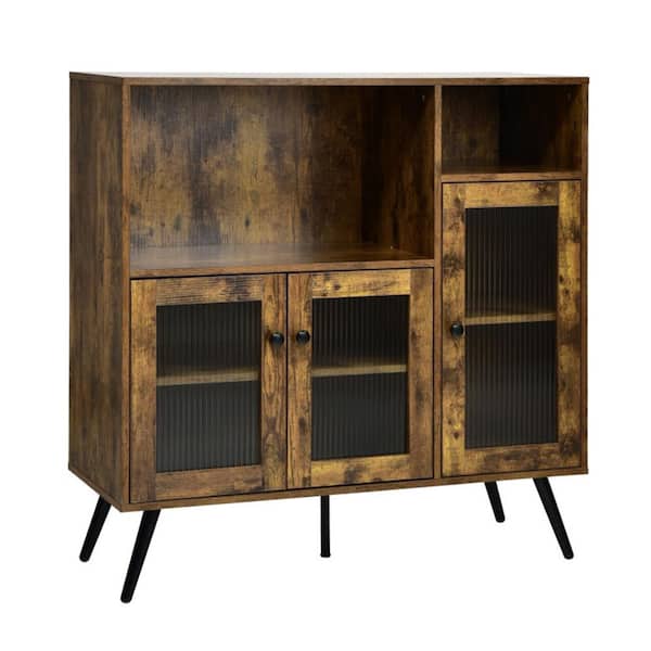 Bunpeony Brown Wood 39.5 in. W Sideboard Freestanding Kitchen Storage Cabinet with 3-Open Shelf and Door