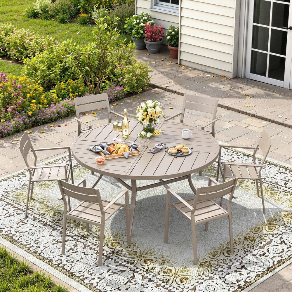 7-Piece Metal Outdoor Patio Dining Set with 50 in. Sandshell Round Table and 6 Stackable Chairs in Sandshell price history on PriceWatchPro