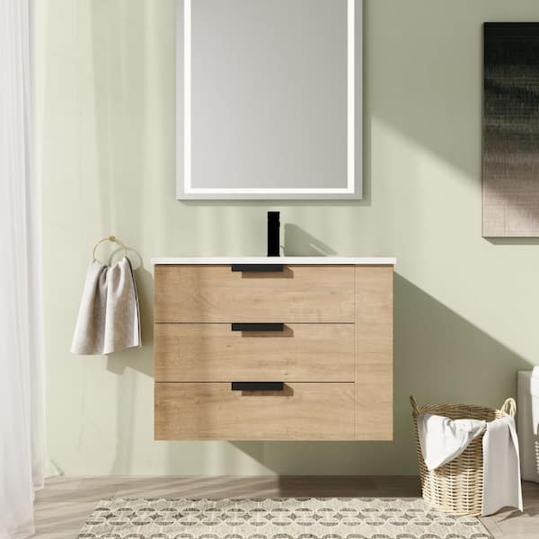 30 in. Wall-Mounted Single Oak Bath Vanity with White Resin Top Assembled