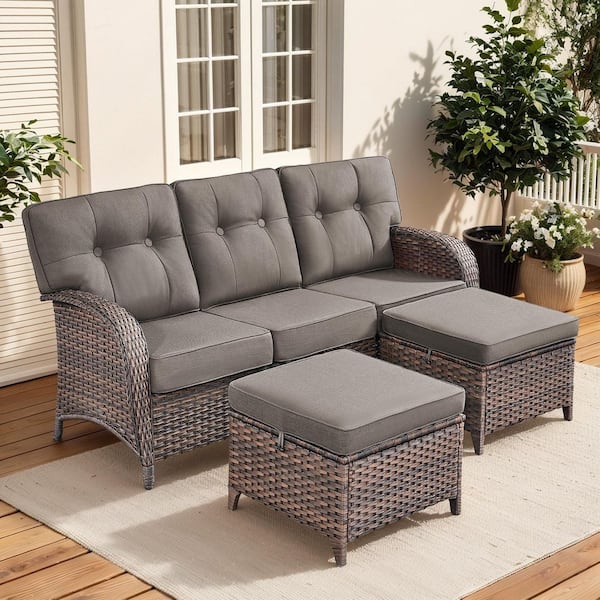 Modern Seaside Series 3-Piece Patio Wicker Outdoor Sofa with 2 Ottoman and Gray Cushions