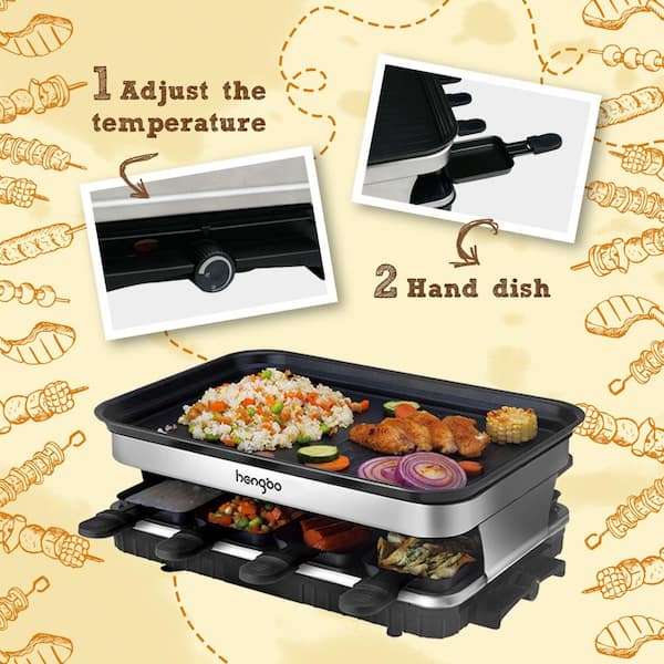 1500 W Raclette Grill with Non-Stick Coated, 8 Mini Raclette Pans and  Adjustable Temperature